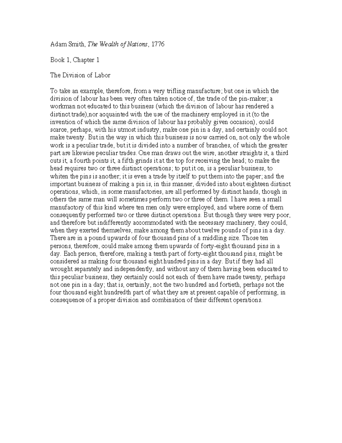 Week 5 Adam Smith Wealth of Nations on DOL - Adam Smith, The Wealth of ...