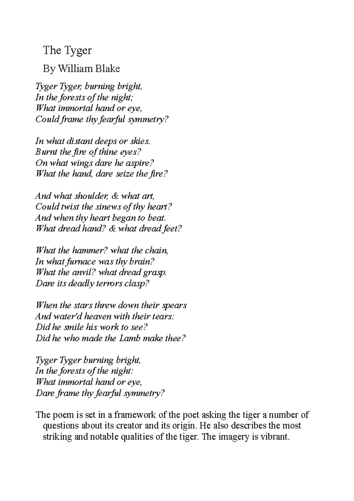 The Tyger The Tyger By William Blake Tyger Tyger, burning bright, In