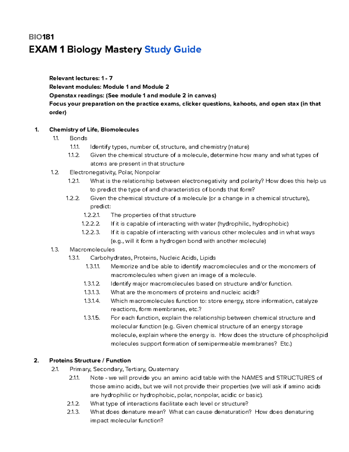 BIO 181 Exam 1 Study Guide - BIO 181 EXAM 1 Biology MasteryStudy Guide ...