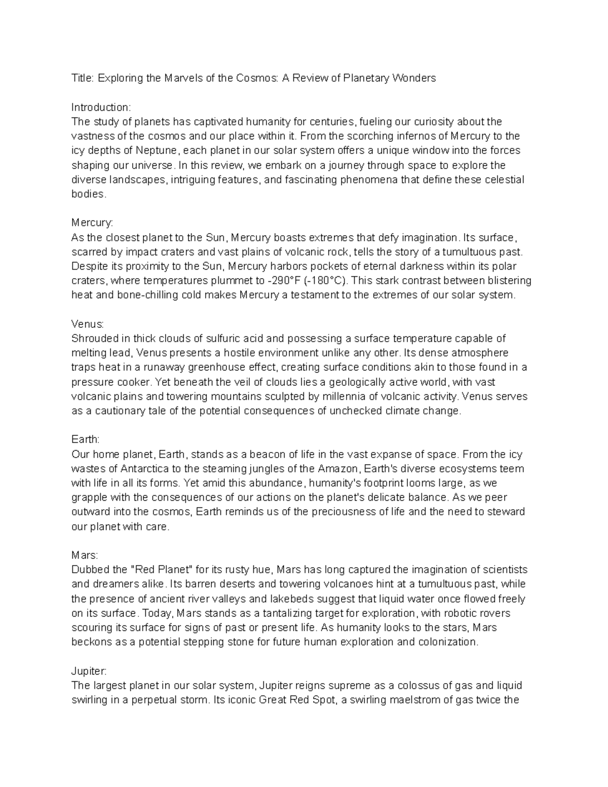 Science Review paper - Title: Exploring the Marvels of the Cosmos: A ...