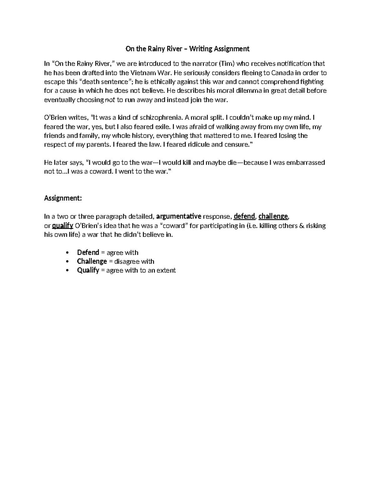 Assignment On the Rainy River Copy On the Rainy River Writing