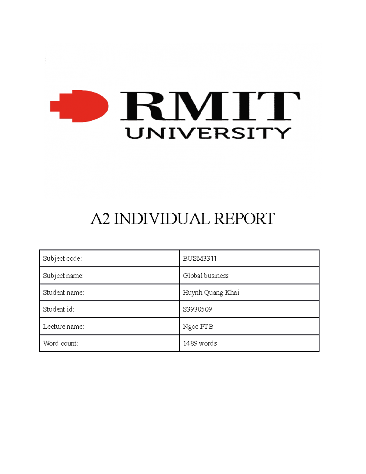 SGS-BUSM3311-s3930509-Huynh Quang Khai - A2 Individual Report-1 - A2 ...