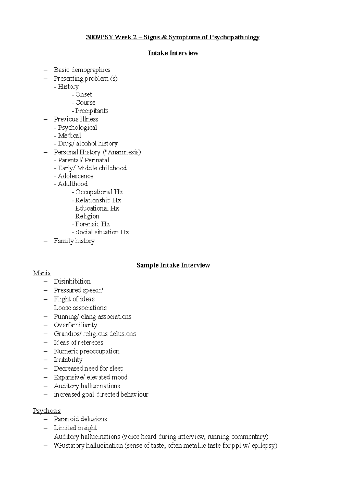 3009PSY Topic 2 3009PSY Week 2 Signs & Symptoms of Psychopathology