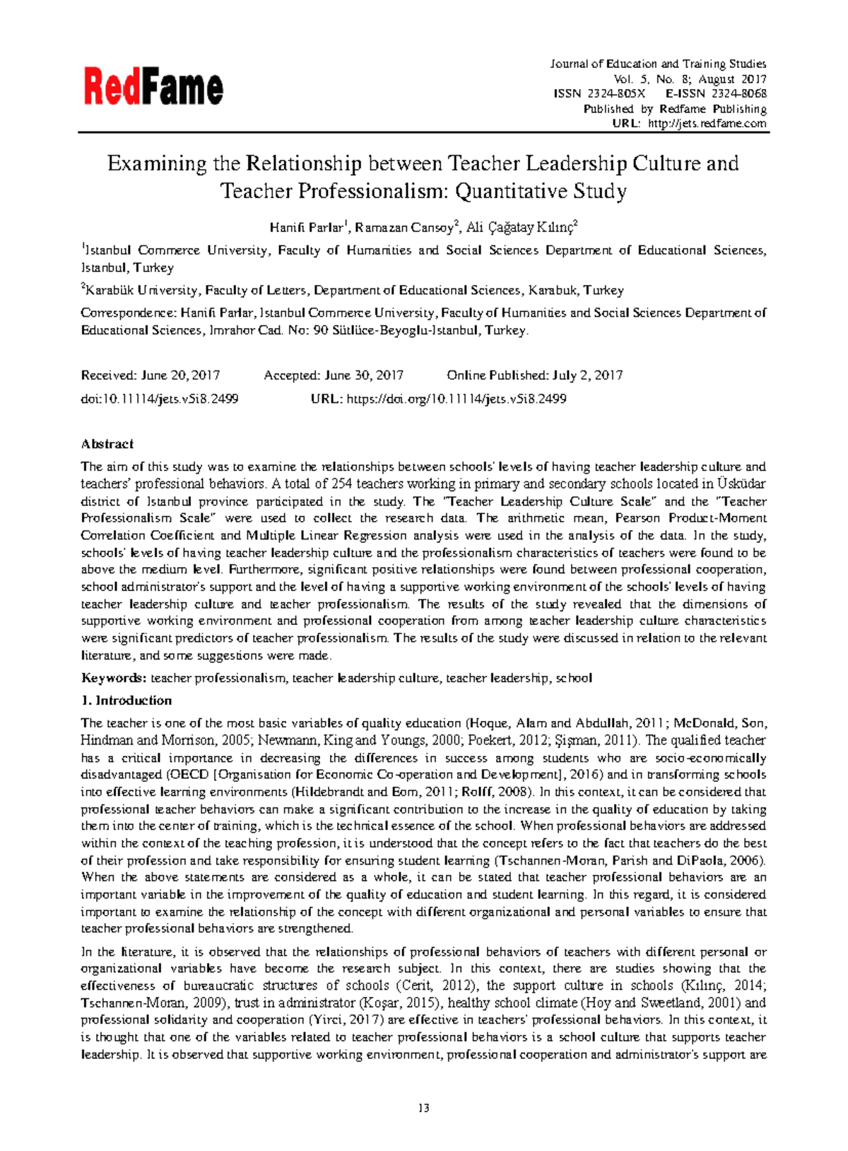 Examining the Relationship between Teacher Leadership Culture and ...