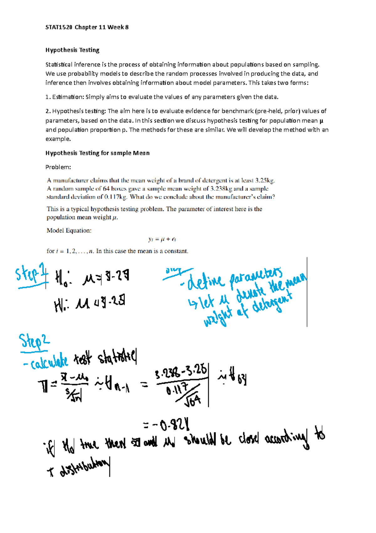 STAT1520 Chapter 11 Week 8 - Hypothesis Testing Statistical inference ...