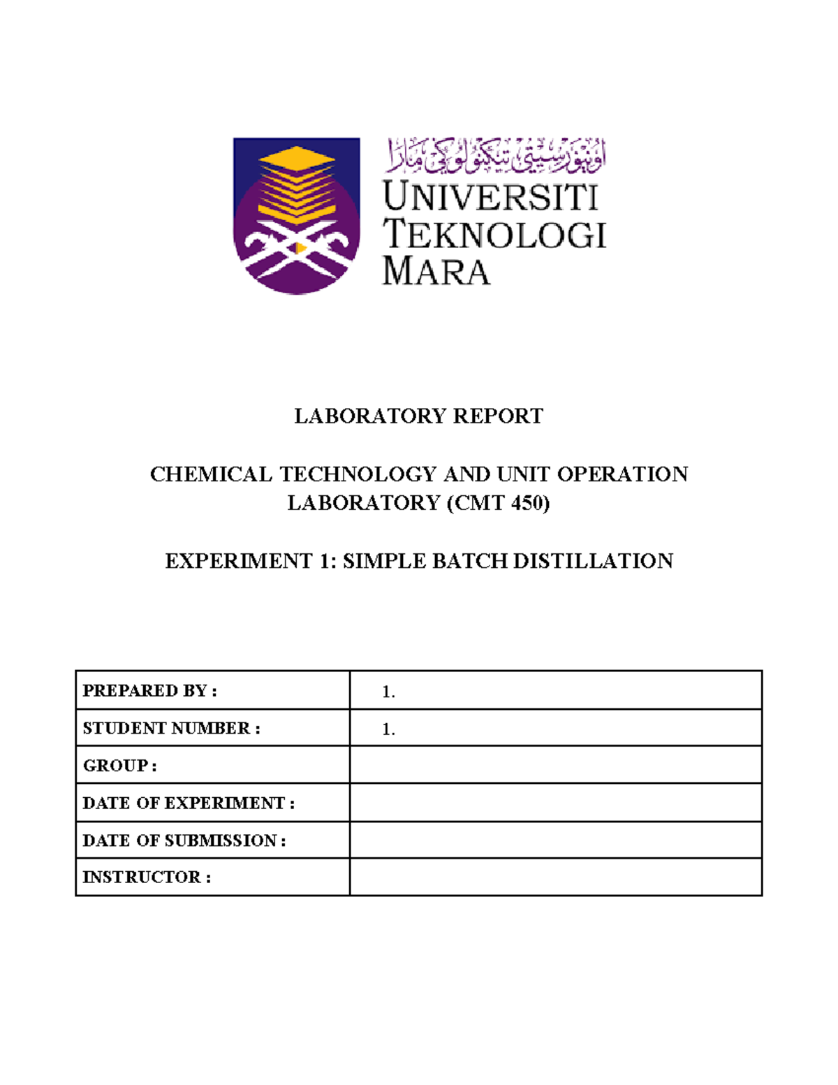 Experiment 1 Simple Batch Distillation LABORATORY REPORT CHEMICAL