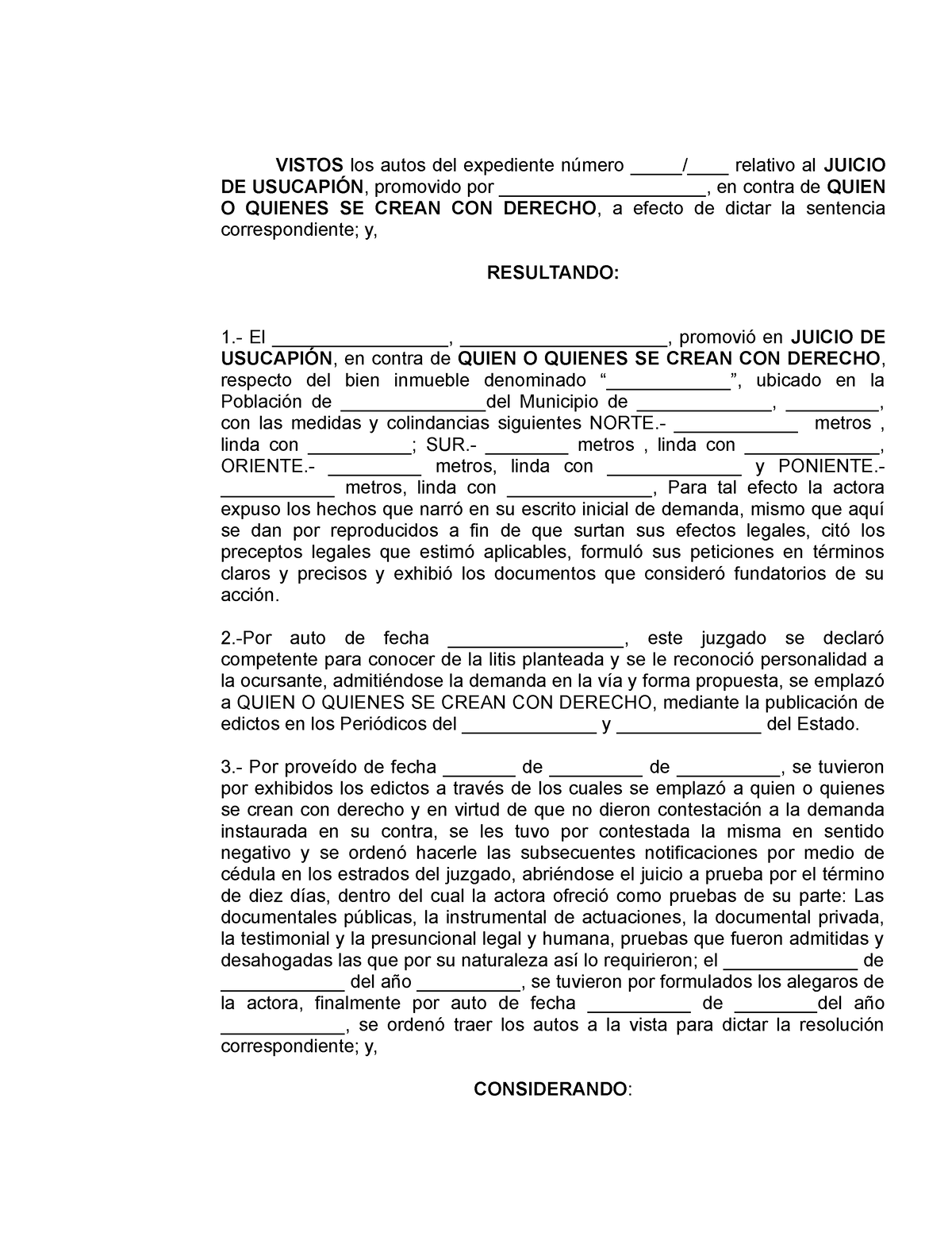 formato de demanda de Usucapión - VISTOS los autos del expediente número _/  relativo al JUICIO DE - Studocu