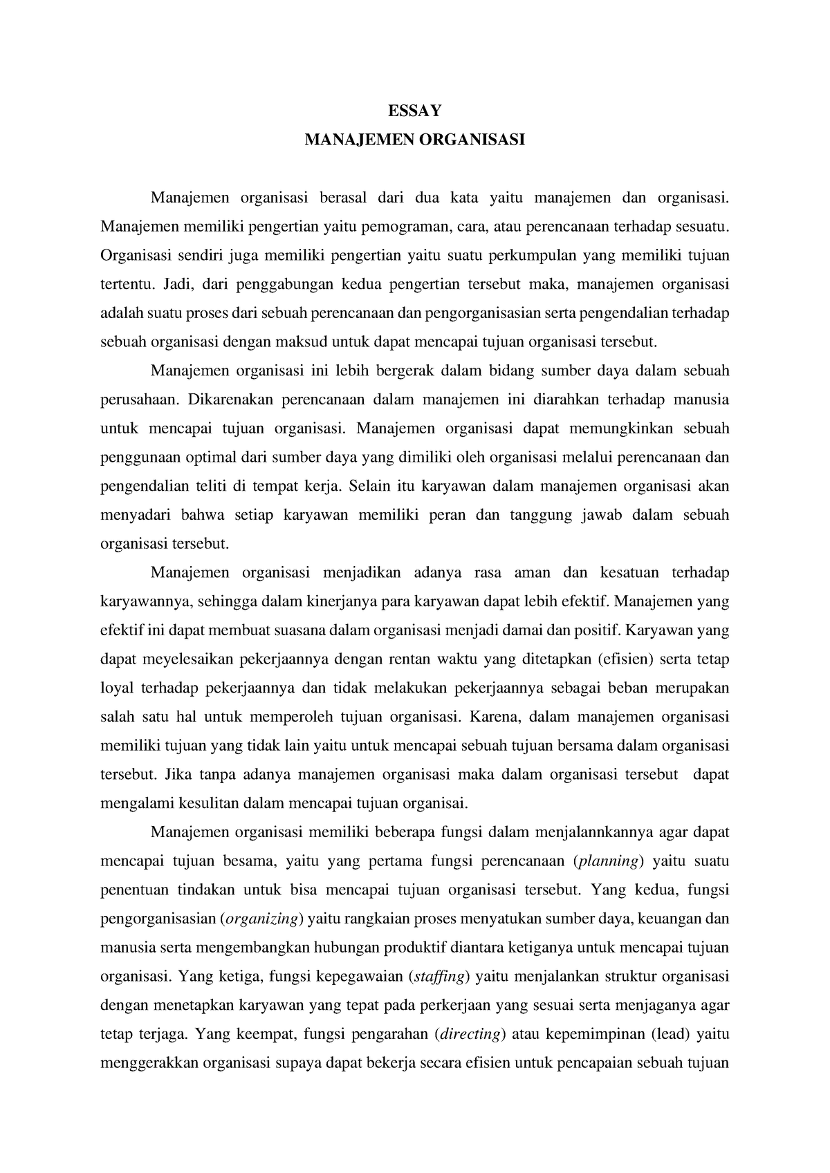 contoh essay manajemen organisasi