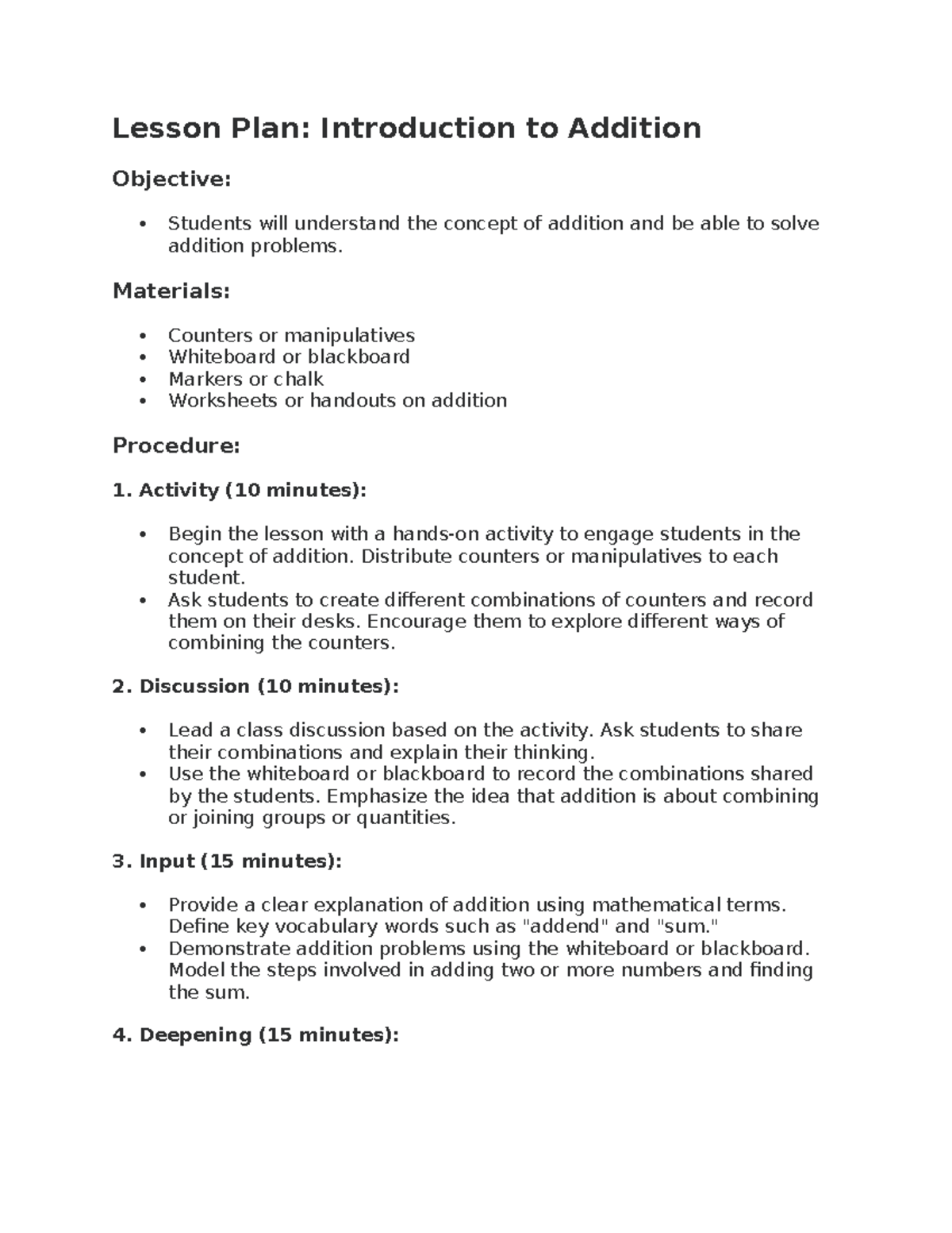 Lesson Plan Adidas AND FIVE Es - Lesson Plan: Introduction to Addition ...