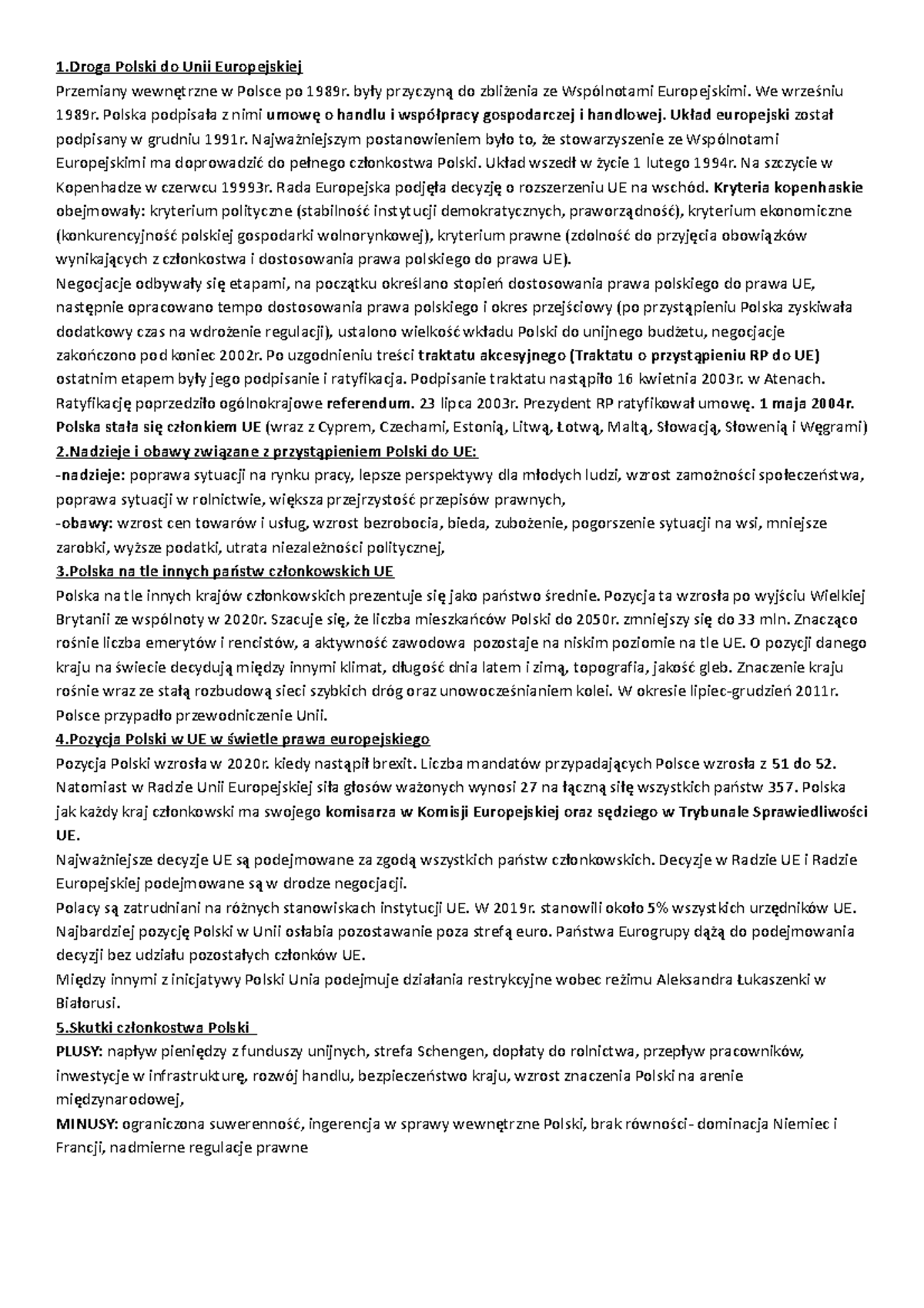 Notatki-wos - Notatki na temat Polski w Unii Europejskiej - 1 Polski do