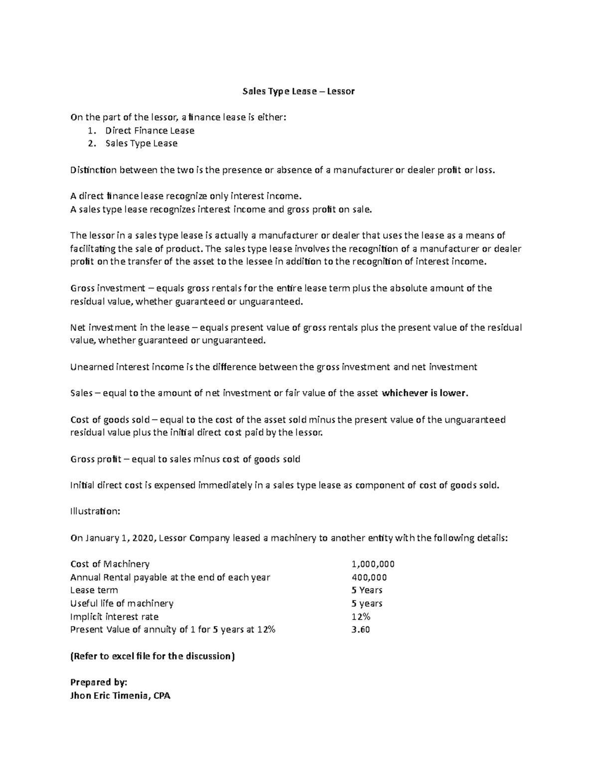 Sales Type Lease Lessor for intermediate 2 Sales Type Lease