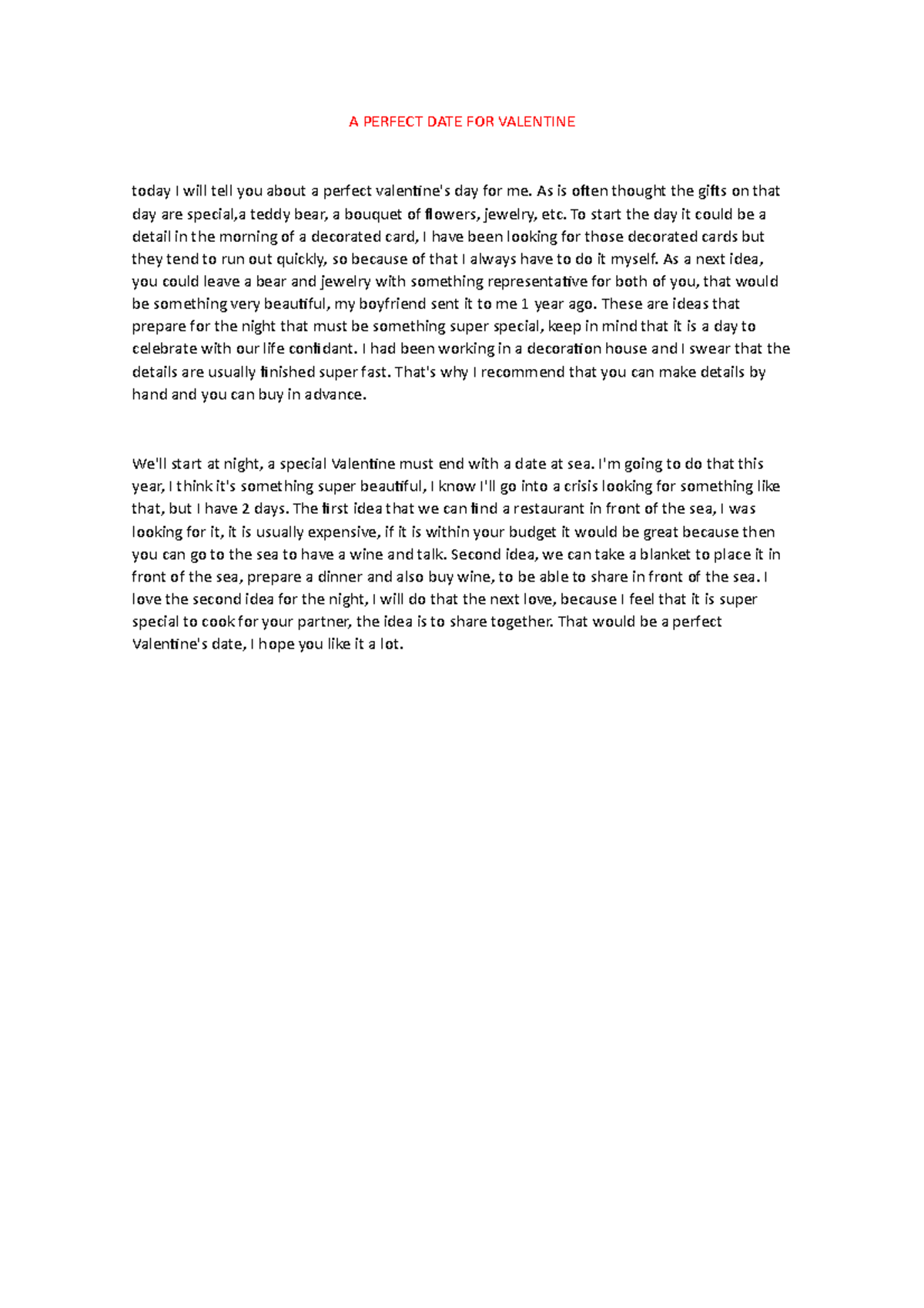 A Perfect DATE FOR Valentine Writing Inter A PERFECT DATE FOR