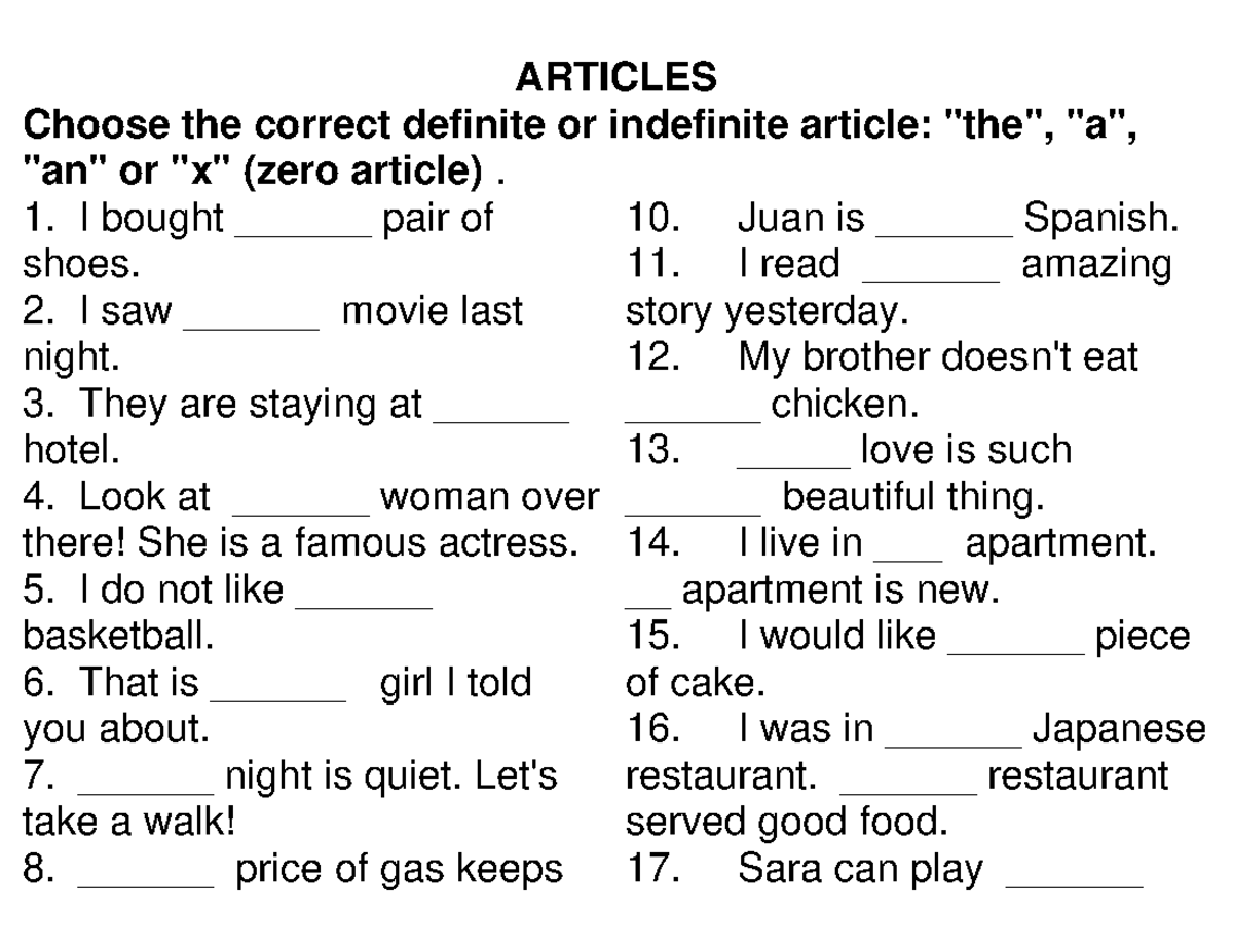 Article Workseet ghsjs ARTICLES Choose the correct definite or