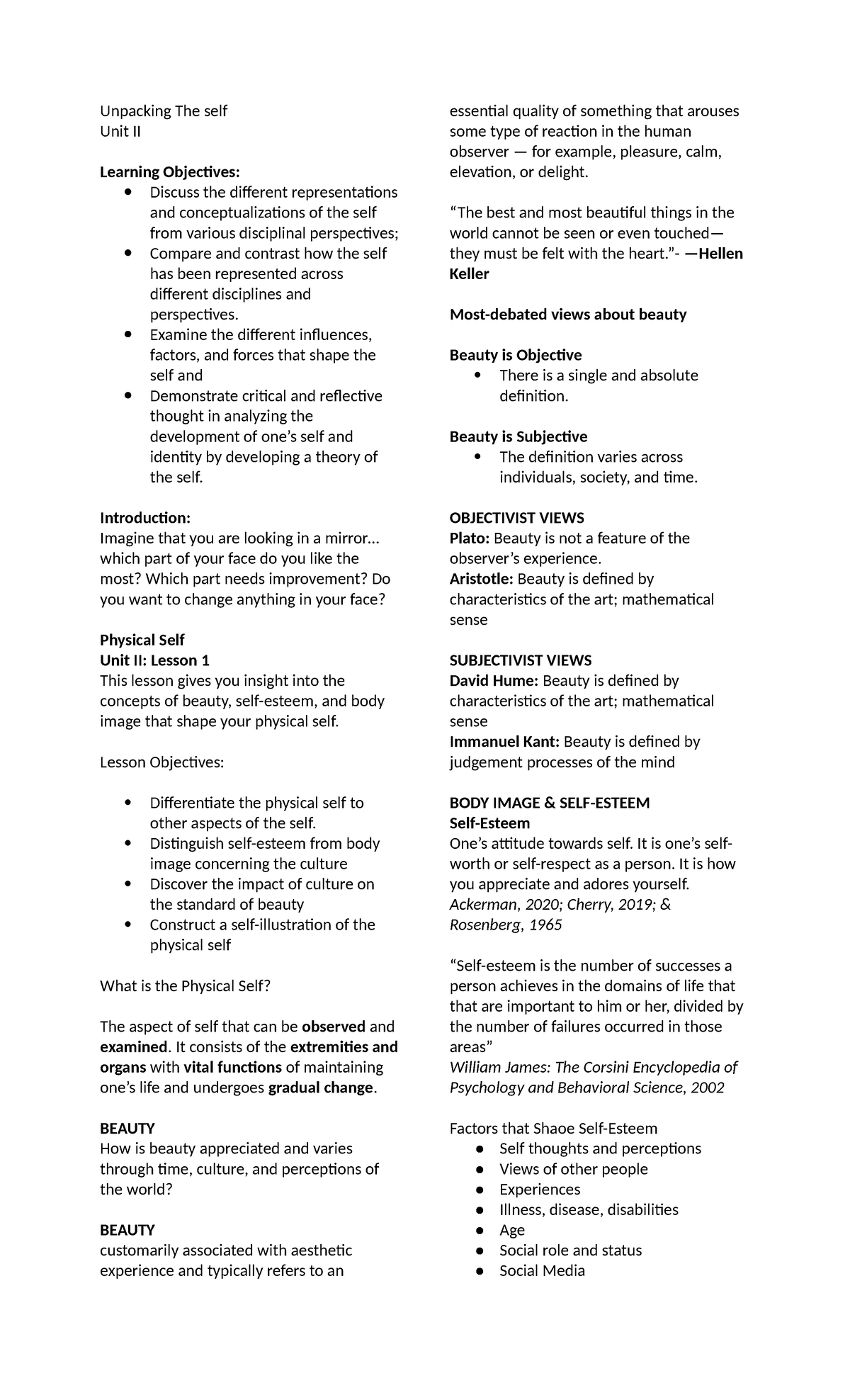 Unpacking The self Physica Self Unit II Lesson 1 - Unpacking The self ...