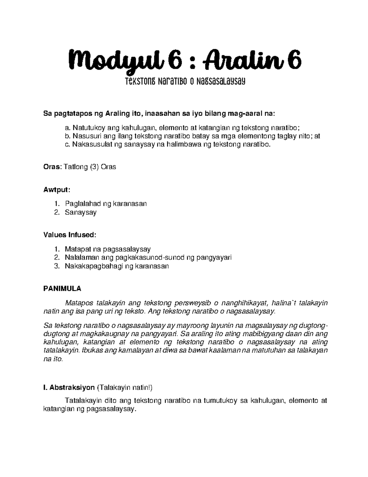 Pagbasa at Pagsulat - Modyul 6 : Aralin 6 Tekstong Naratibo o ...