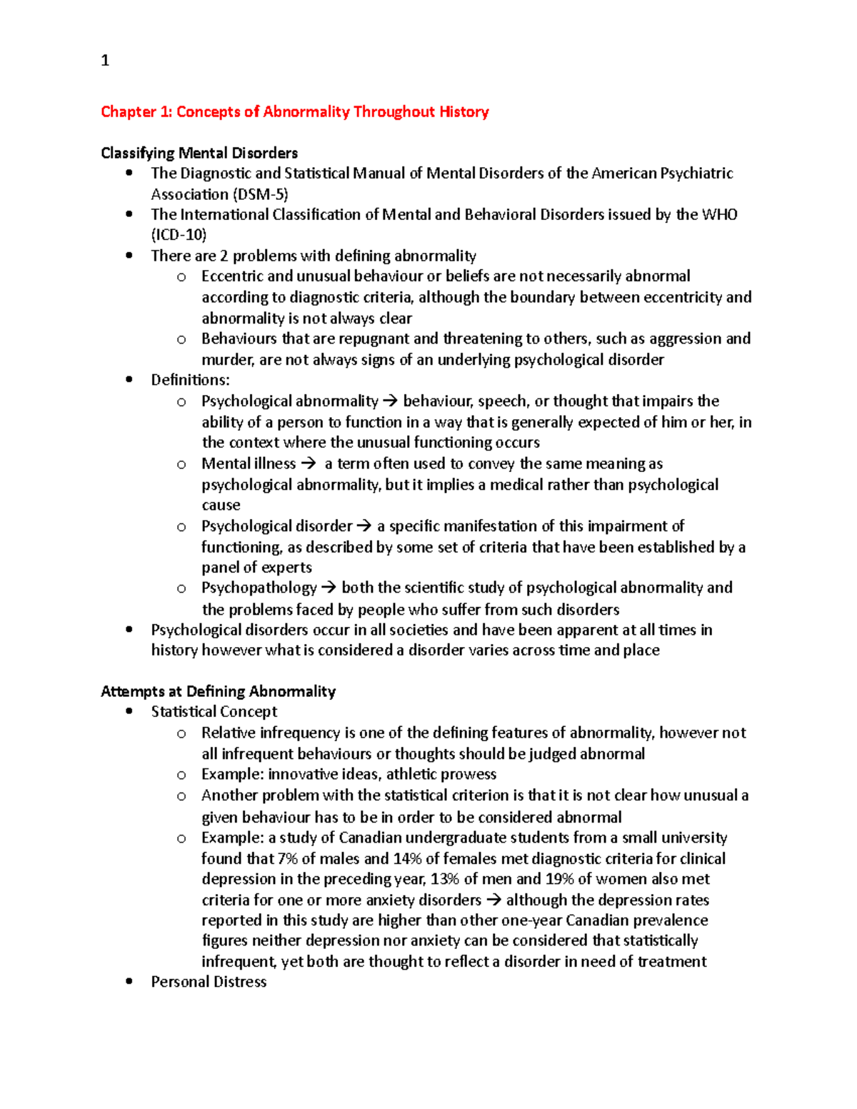 Psych 2310 Textbook Notes - Chapter 1: Concepts of Abnormality ...