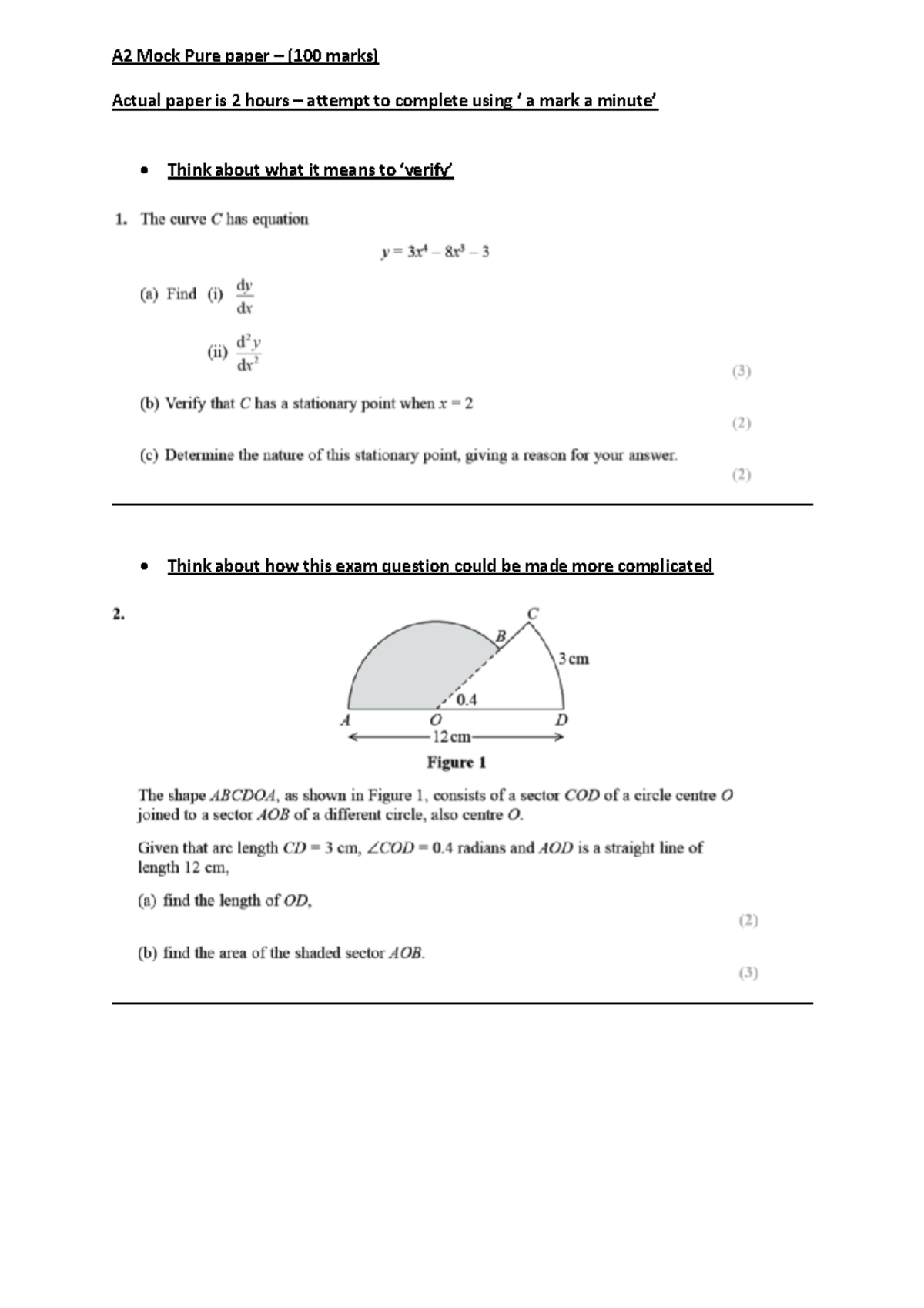 A2 Mock Pure paper 100 marks 220522 - A2 Mock Pure paper – (100 marks ...