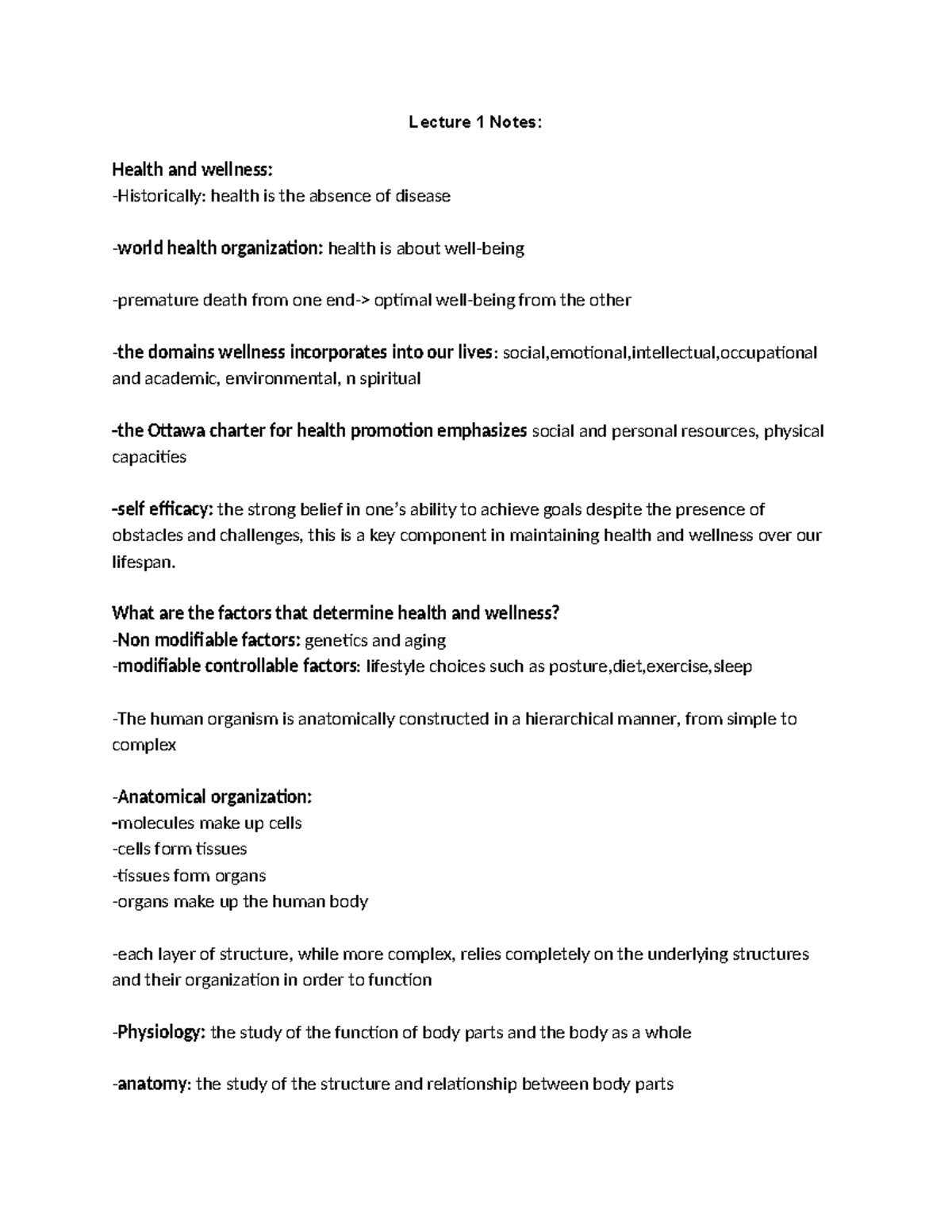 Lecture 1 Notes - Lecture 1 Notes: Health and wellness: -Historically ...
