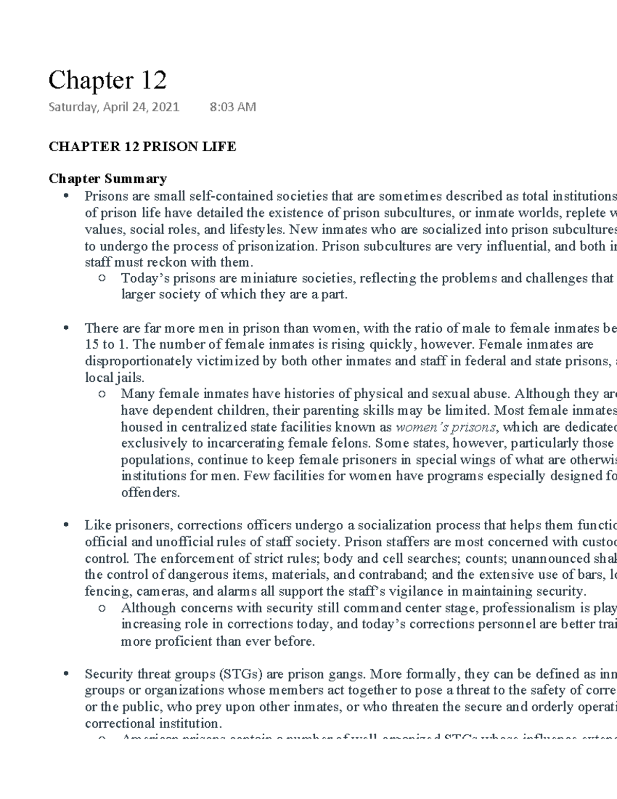 Chapter 12 - Lecture Notes 12 - CHAPTER 12 PRISON LIFE Chapter Summary ...