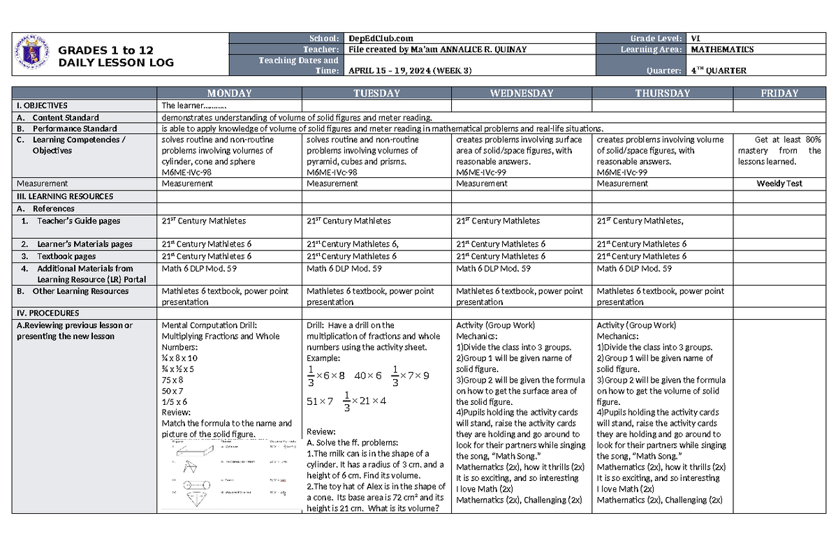 DLL Mathematics 6 Q4 W3 Summary Teaching Science in Elementary Grades