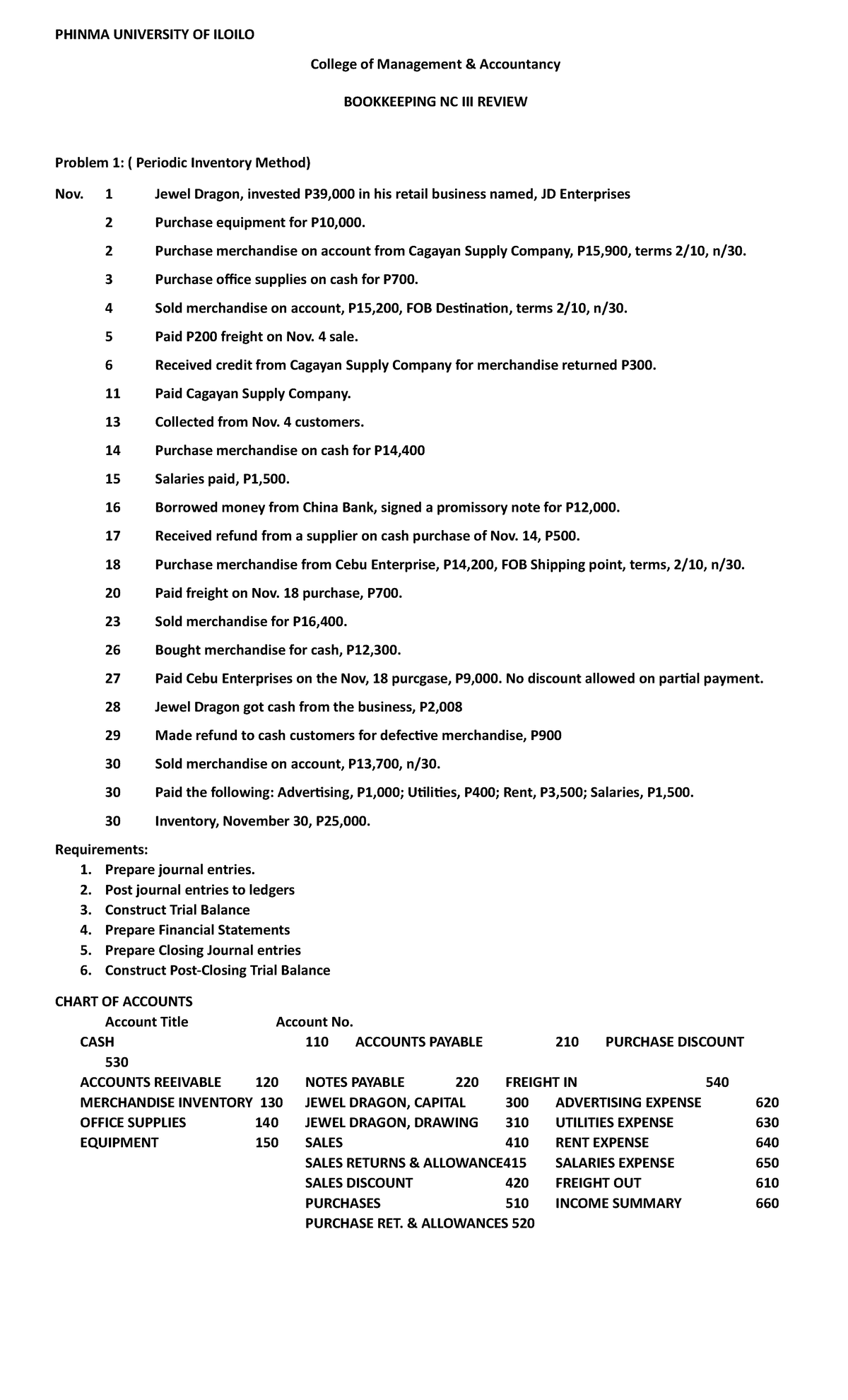 NC 3 Bookkeeping Answer Sheet Periodic - PHINMA UNIVERSITY OF ILOILO ...