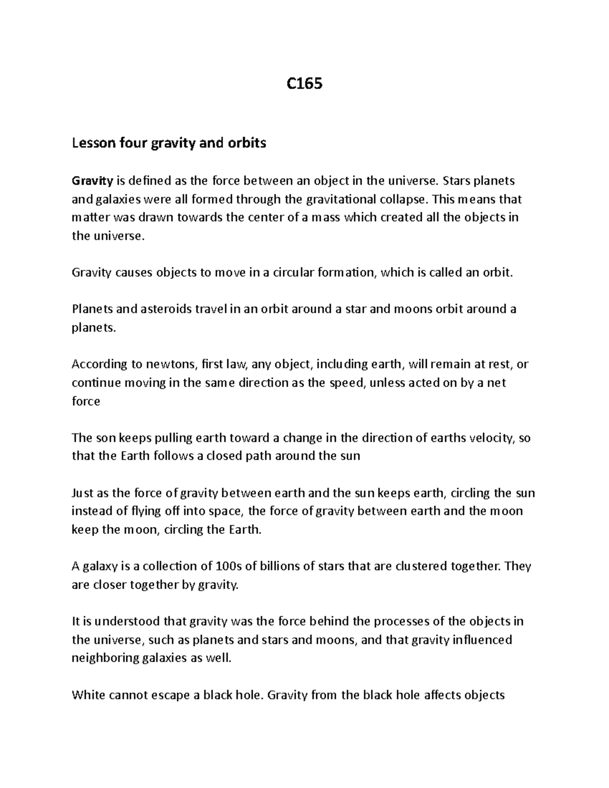 C165 2 - notes continued - C Lesson four gravity and orbits Gravity is ...
