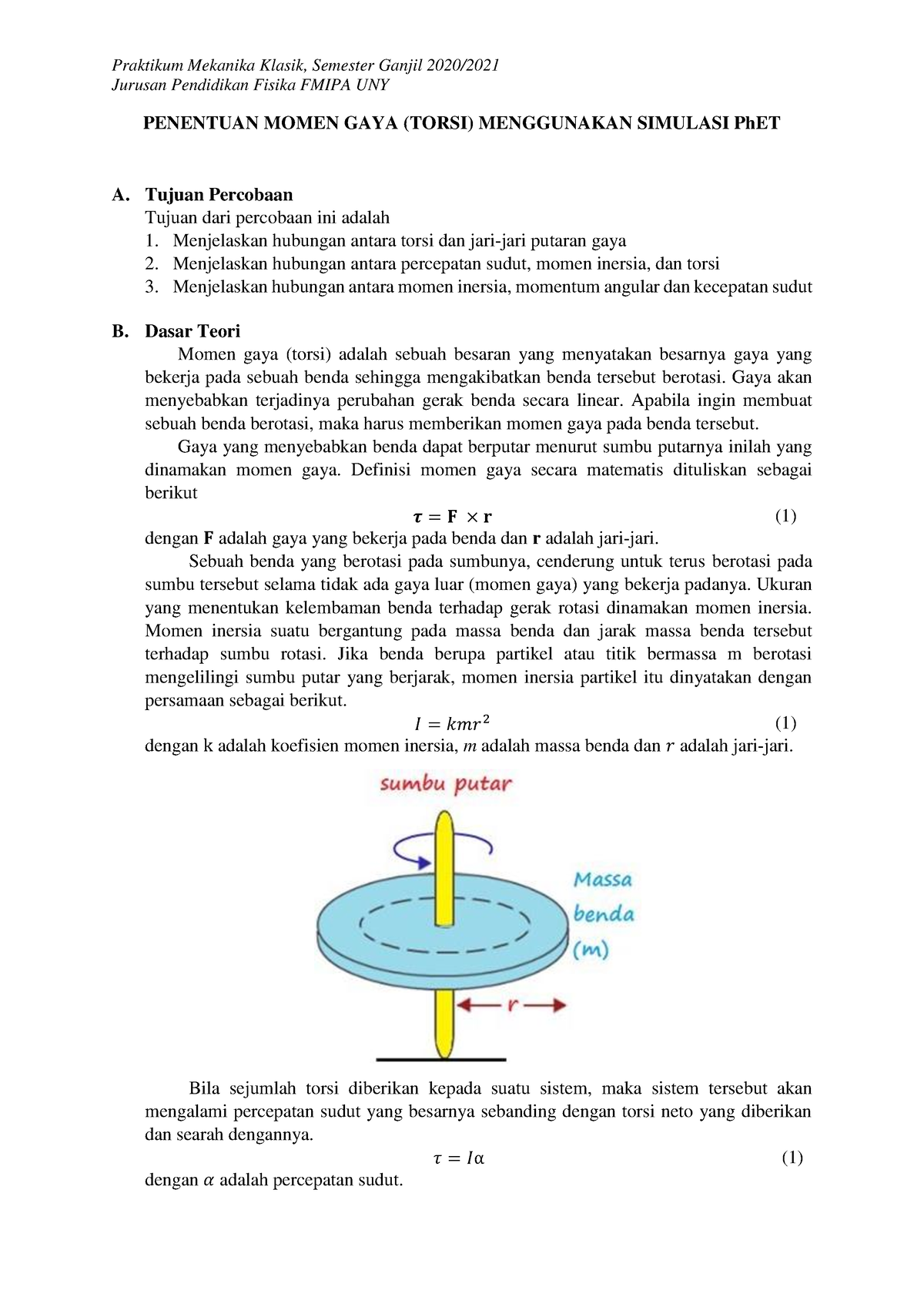 Praktikum Torsi - Jurusan Pendidikan Fisika FMIPA UNY PENENTUAN MOMEN ...