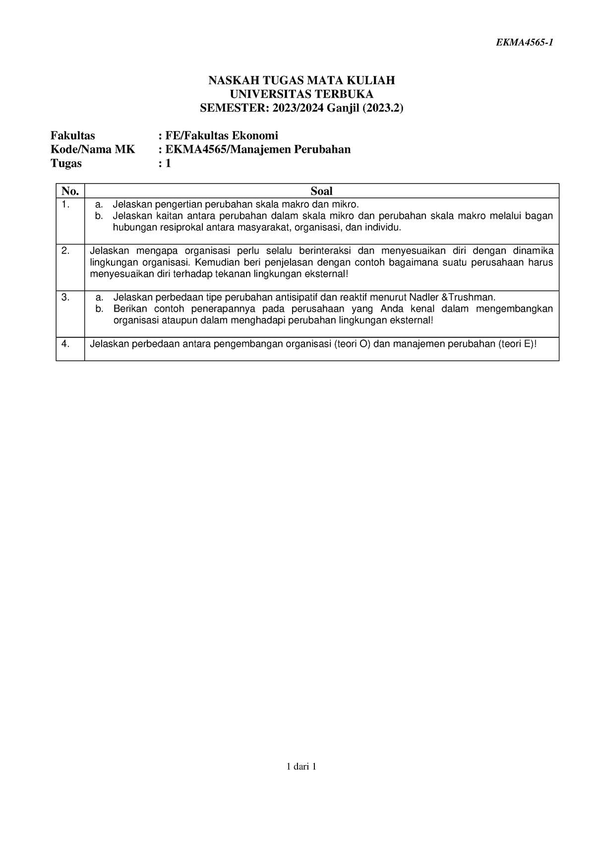 Latian Soal Bersama - EKMA4565- 1 1 Dari 1 NASKAH TUGAS MATA KULIAH ...