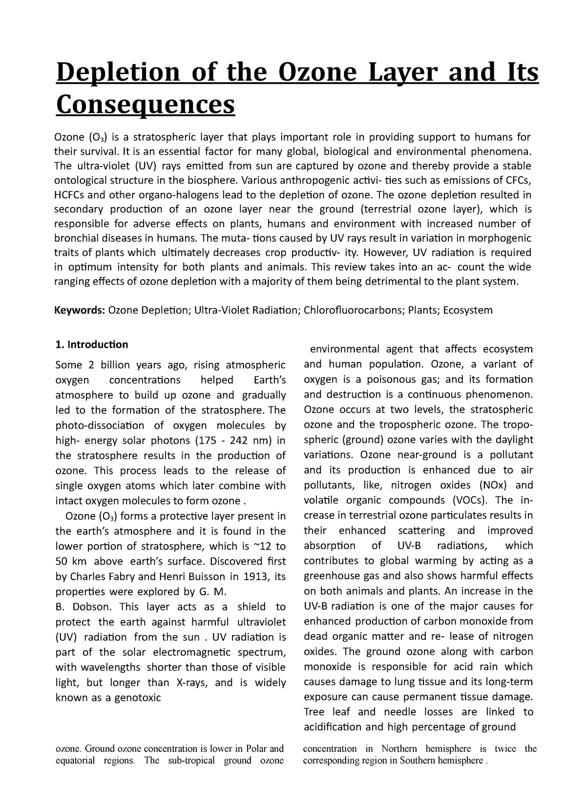 Depletion Of The Ozone Layer And Its Consequences Depletion Of The 