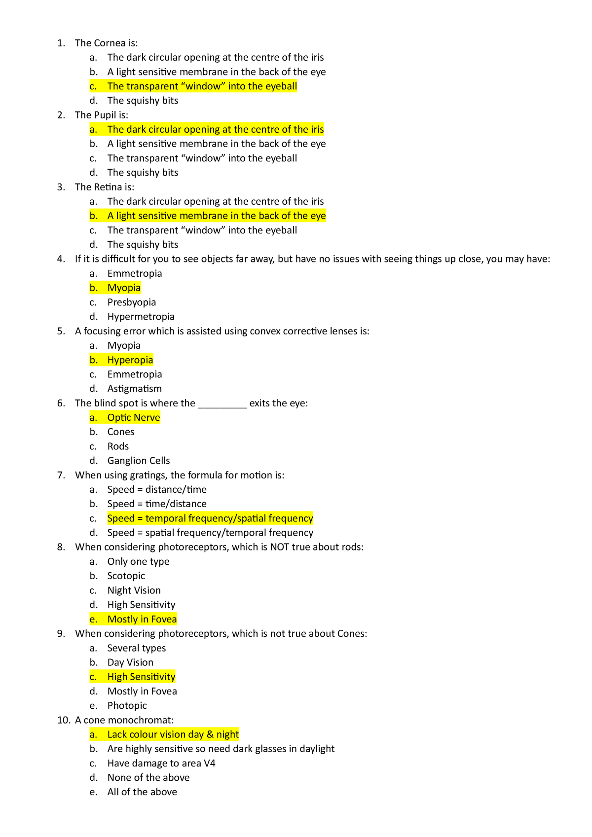 Sample MC Questions - Final EXAM - The Cornea is: a. The dark circular ...