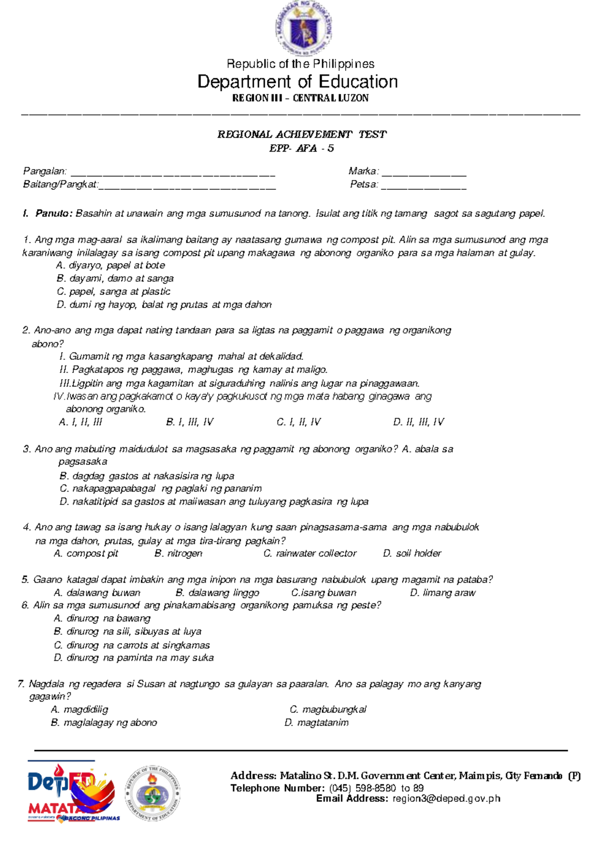 RAT AT EPPP AFA Grade 5le - Department of Education REGION III ...