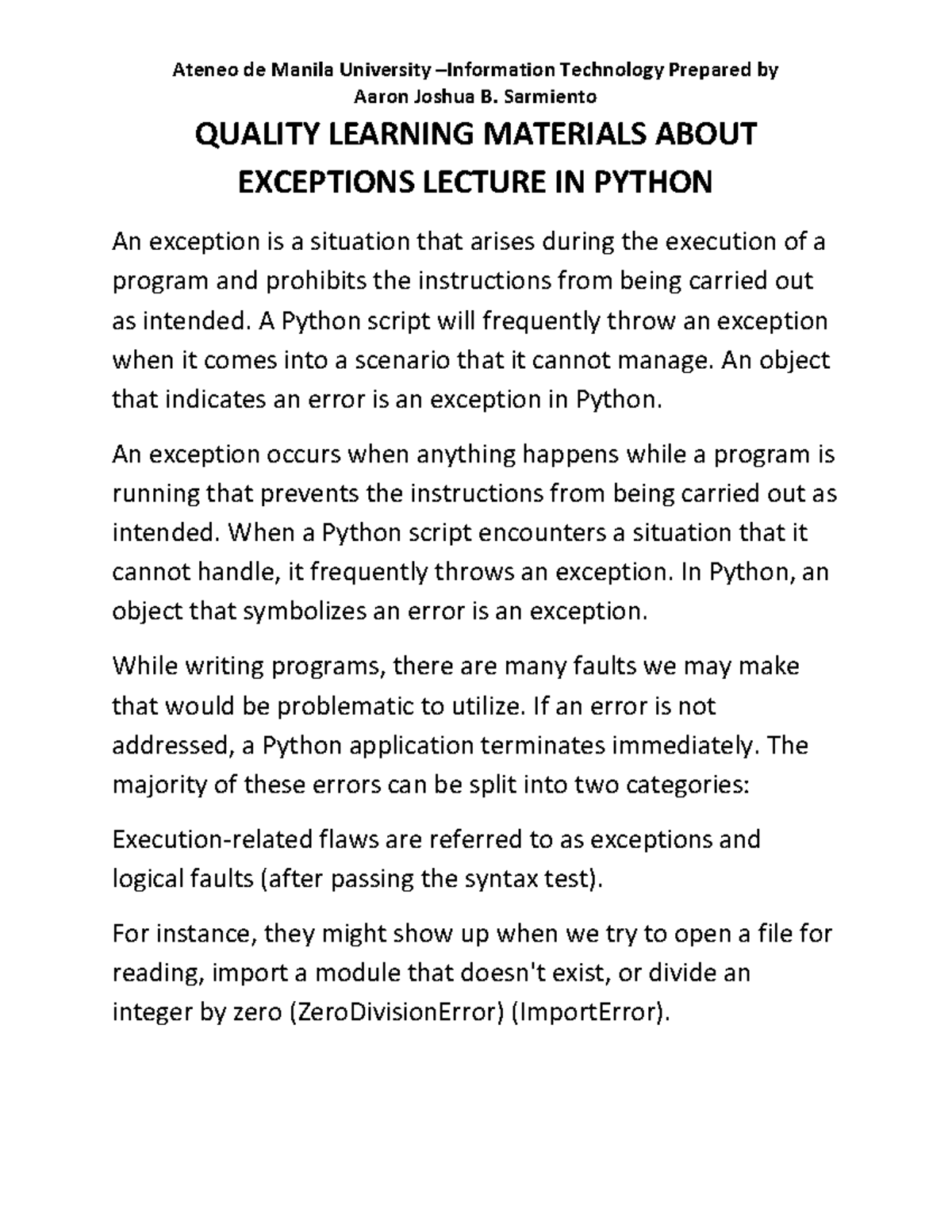 Quality Learning Materials About Exceptions Lecture in Python QUALITY