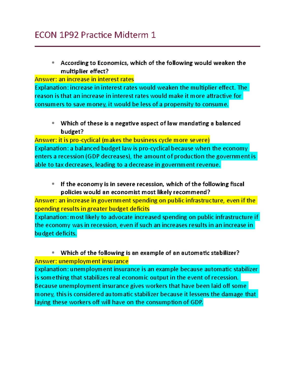 Midterm 9 June 2019, questions and answers - ECON 1P92 Practice Midterm ...