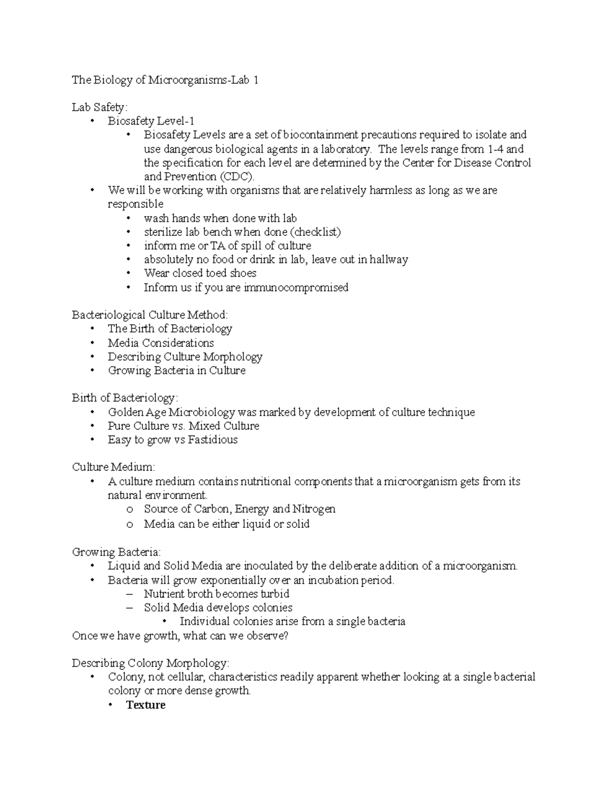 The Biology of Microorganisms-Lab 1 Notes - MCB 2000L - University of ...