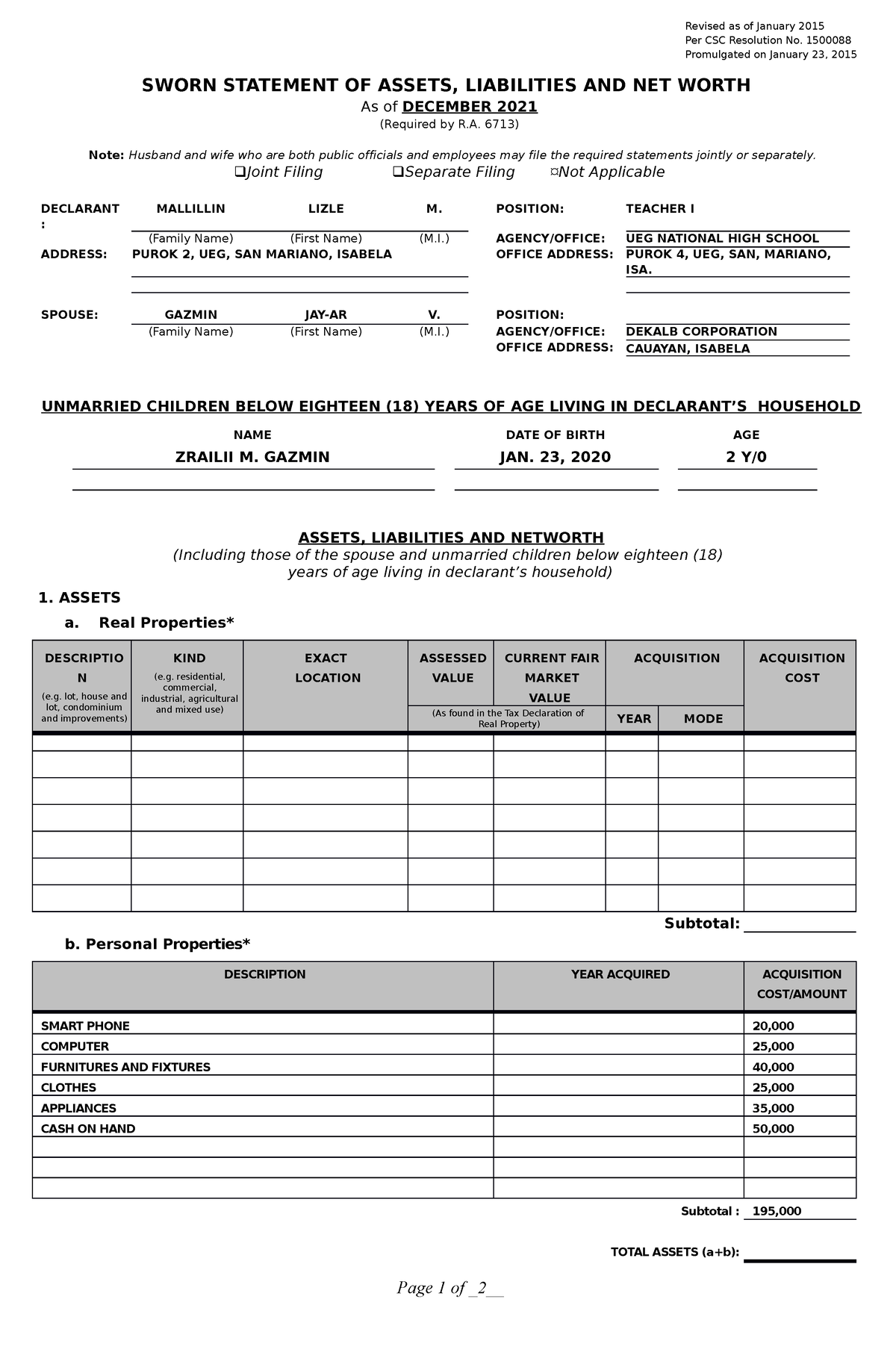 Blank SALN 2 1 - REPORT EVERY JANUARY - Revised as of January 2015 Per ...