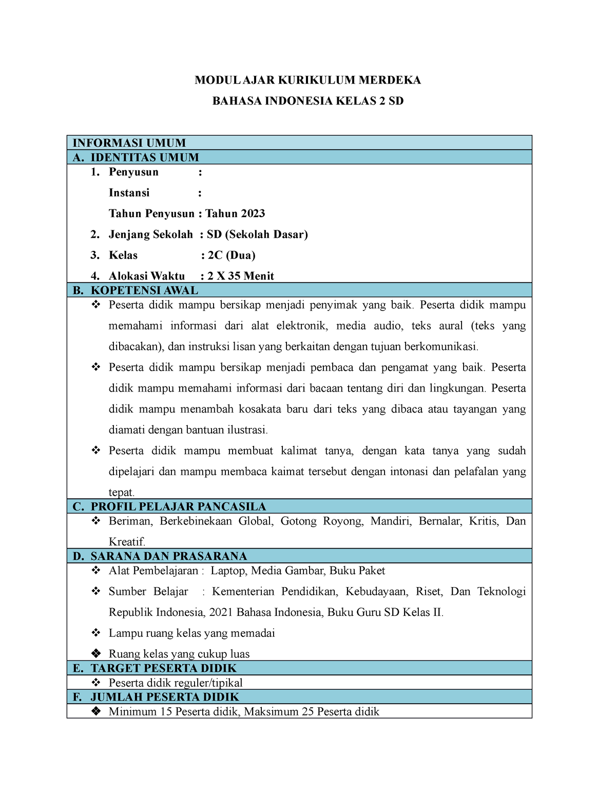 Modul AJAR B. Indonesia Kelas 2c - MODUL AJAR KURIKULUM MERDEKA BAHASA ...