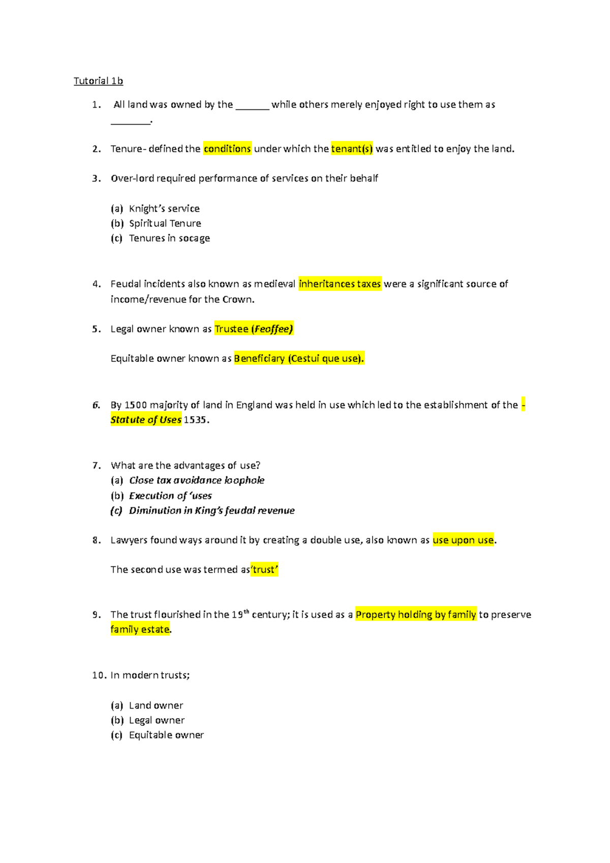 Tutorial 1b - Lecture Notes - Tutorial 1b 1. All Land Was Owned By The ...