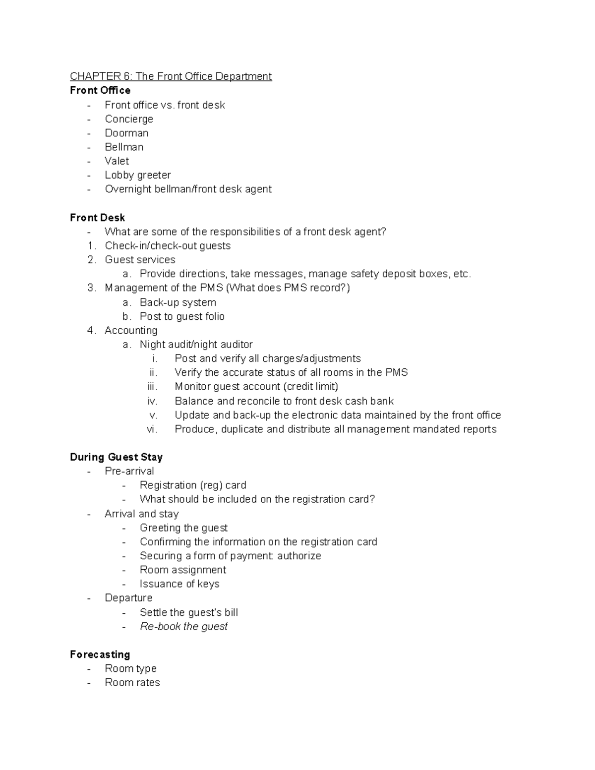 HRTM 260 chapter 6 notes CHAPTER 6 The Front Office Department Front