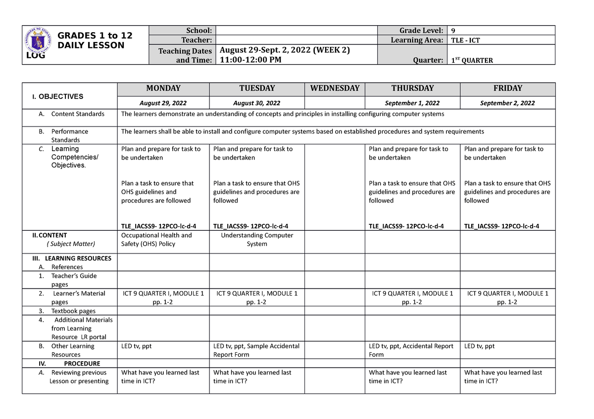 DLL TLE 9 Q1 W2 - DAILY LESSON LOG - GRADES 1 To 12 DAILY LESSON LOG ...