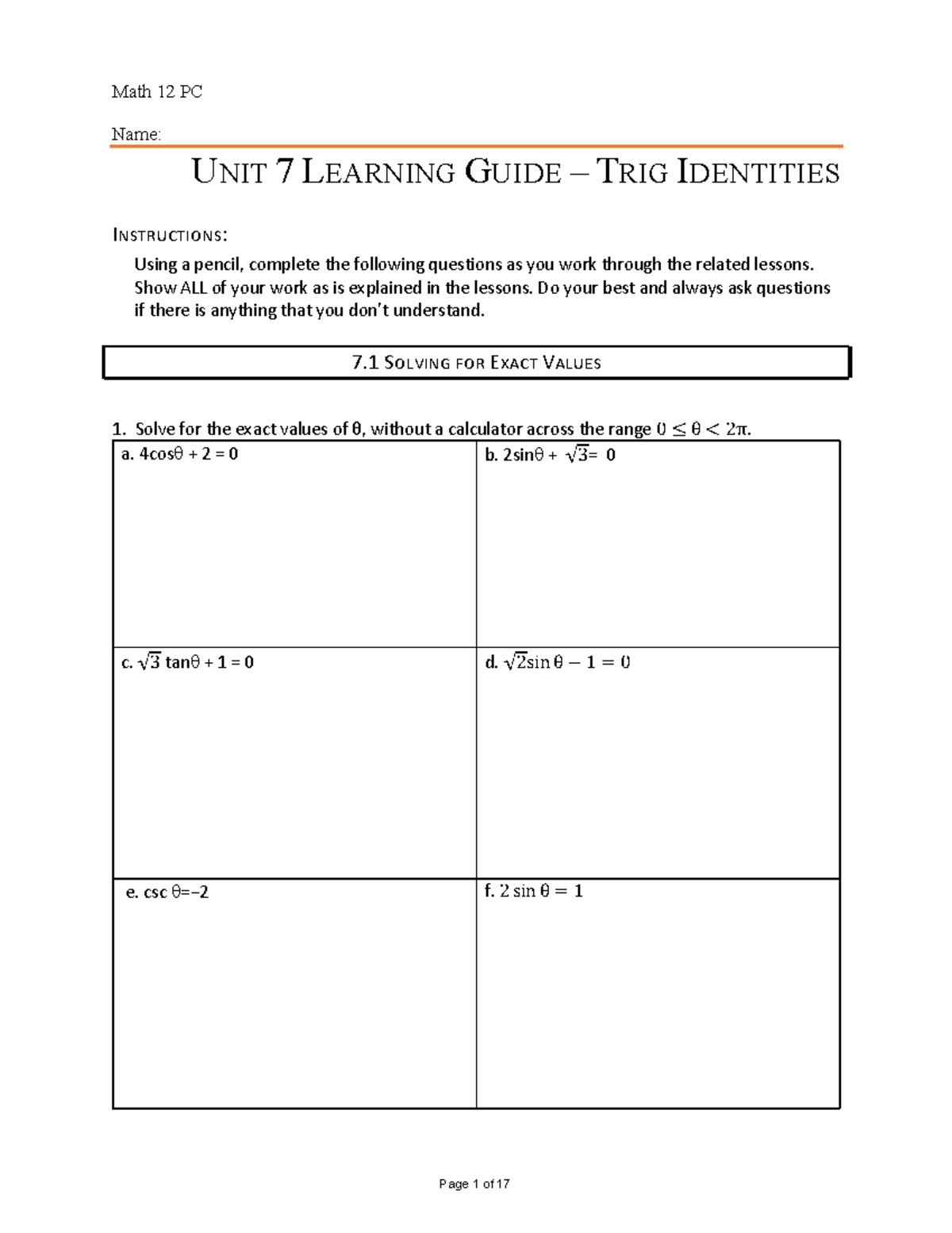 7 Trig Identities Assignment - Name: UNIT 7 LEARNING GUIDE – TRIG ...