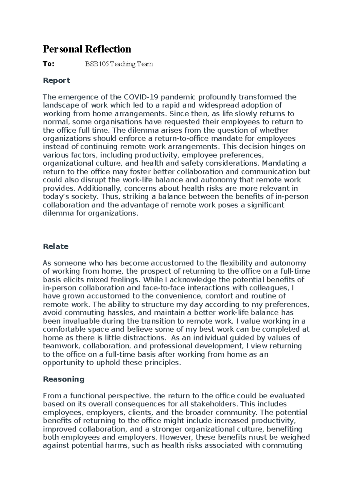 BSB 105 Reflection - Personal Reflection To: BSB105 Teaching Team ...