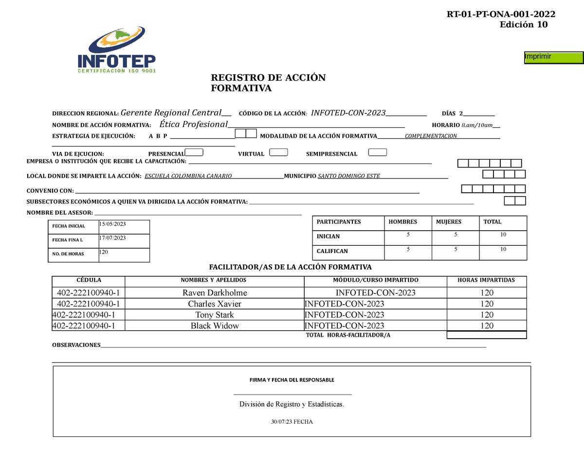 Rt 01 Pt Ona 001 Ch Ca Firma Y Fecha Del Responsable División De Registro Y Estadísticas 30