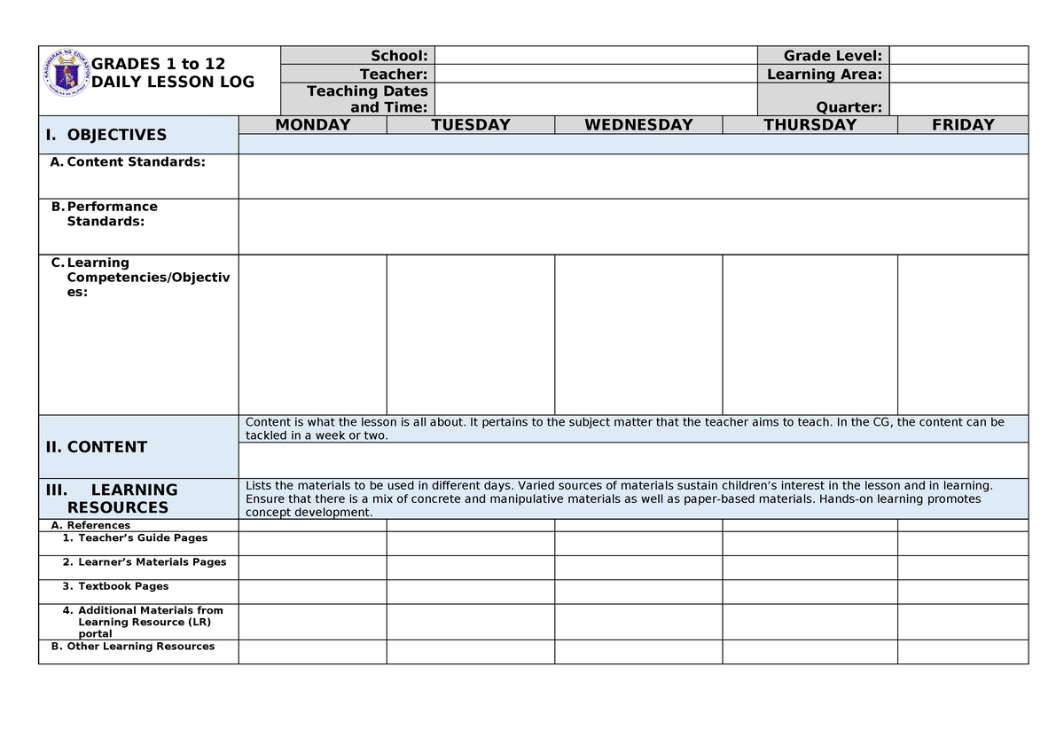 DLL blank - GRADES 1 to 12 DAILY LESSON LOG School: Grade Level ...