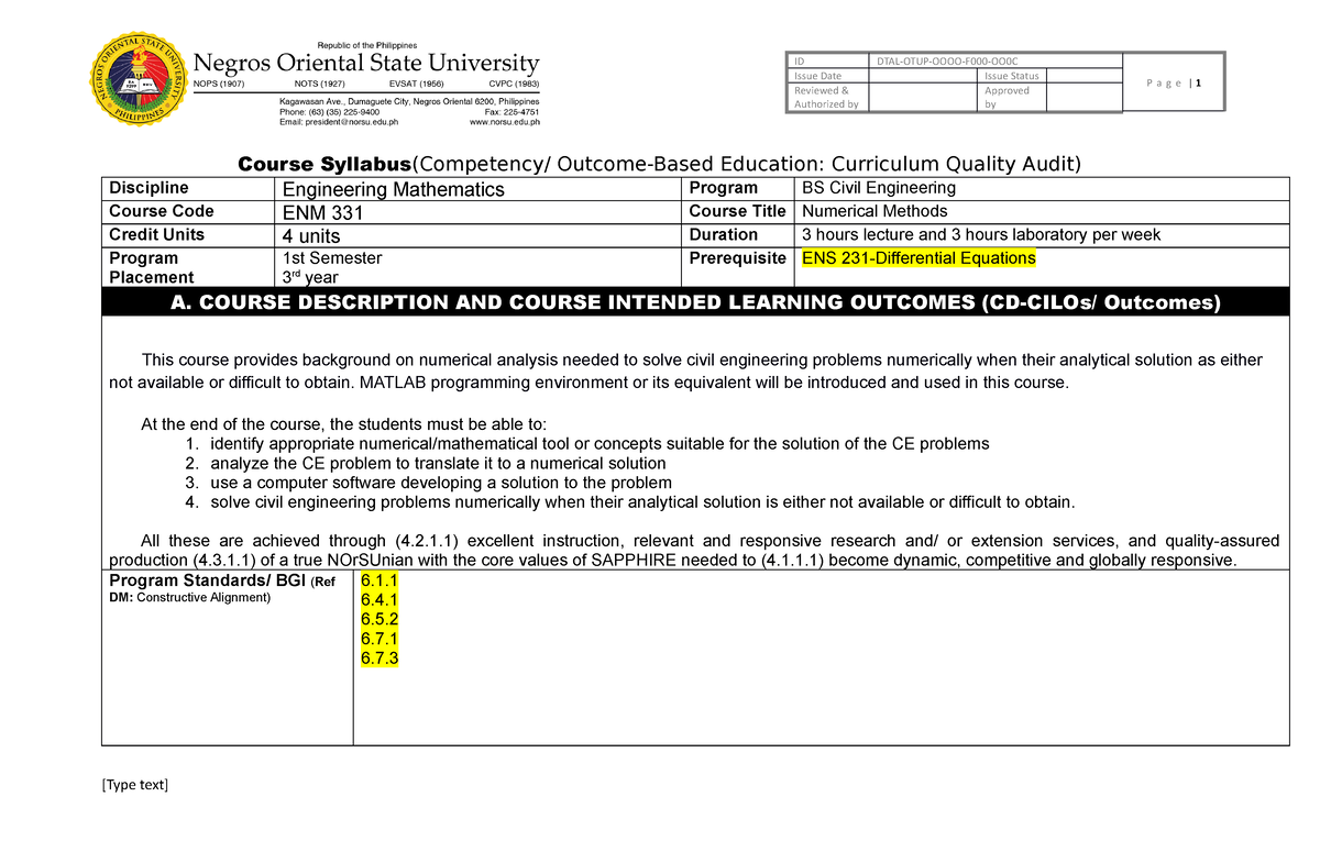 ENM 331 Numerical Methods - Issue DateReviewed & Issue Status P a g e ...