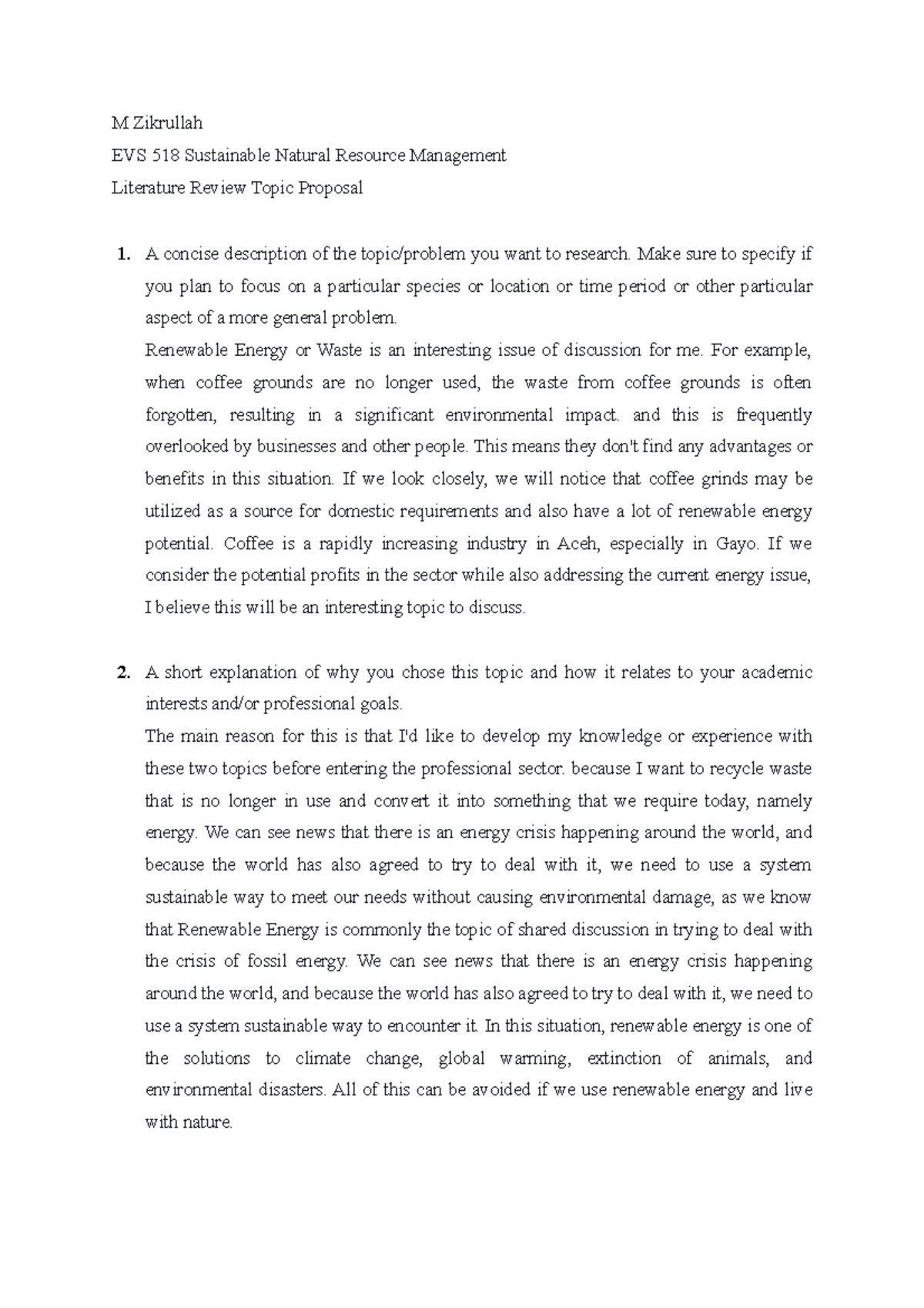 The answer to the Literature Review Topic for Final EVS518: Sustainable ...