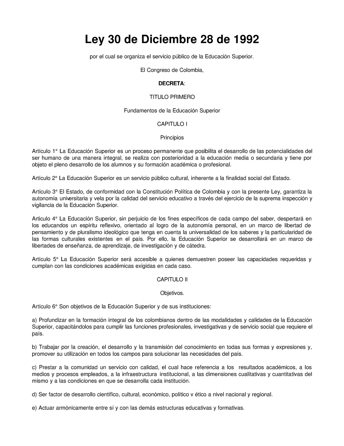 LEY 30 DE 1992 - Ley De Educación Superior - Ley 30 De Diciembre 28 De ...