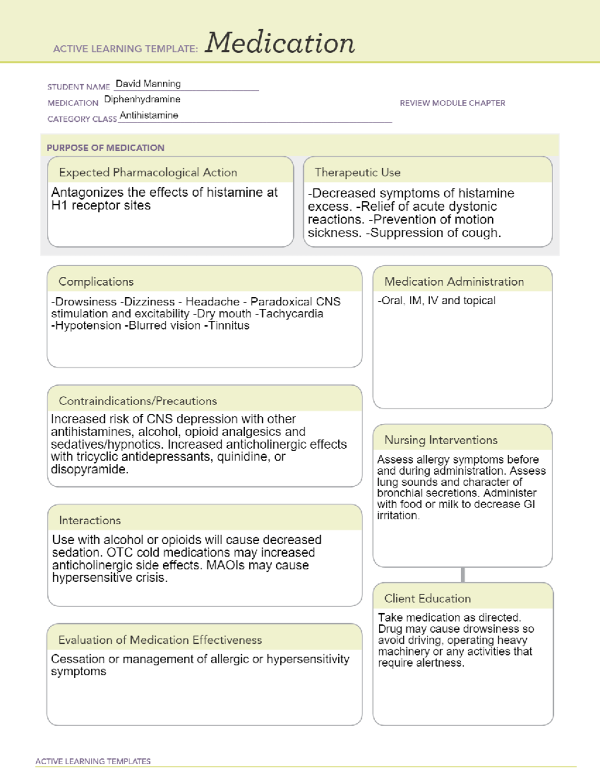 Diphenhydramine - Pharmacology - NURSE 154 - Studocu