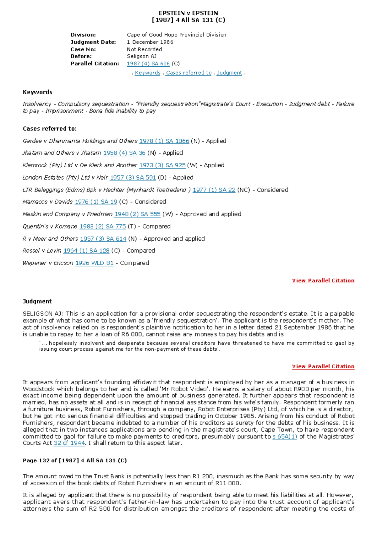Epstein v Epstein 1987 Case Summary EPSTEIN v EPSTEIN [1987] 4 All