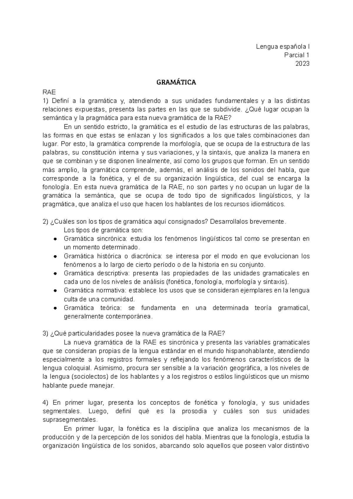 Lengua Española I - Lengua española I Parcial 1 2023 GRAMÁTICA RAE ...