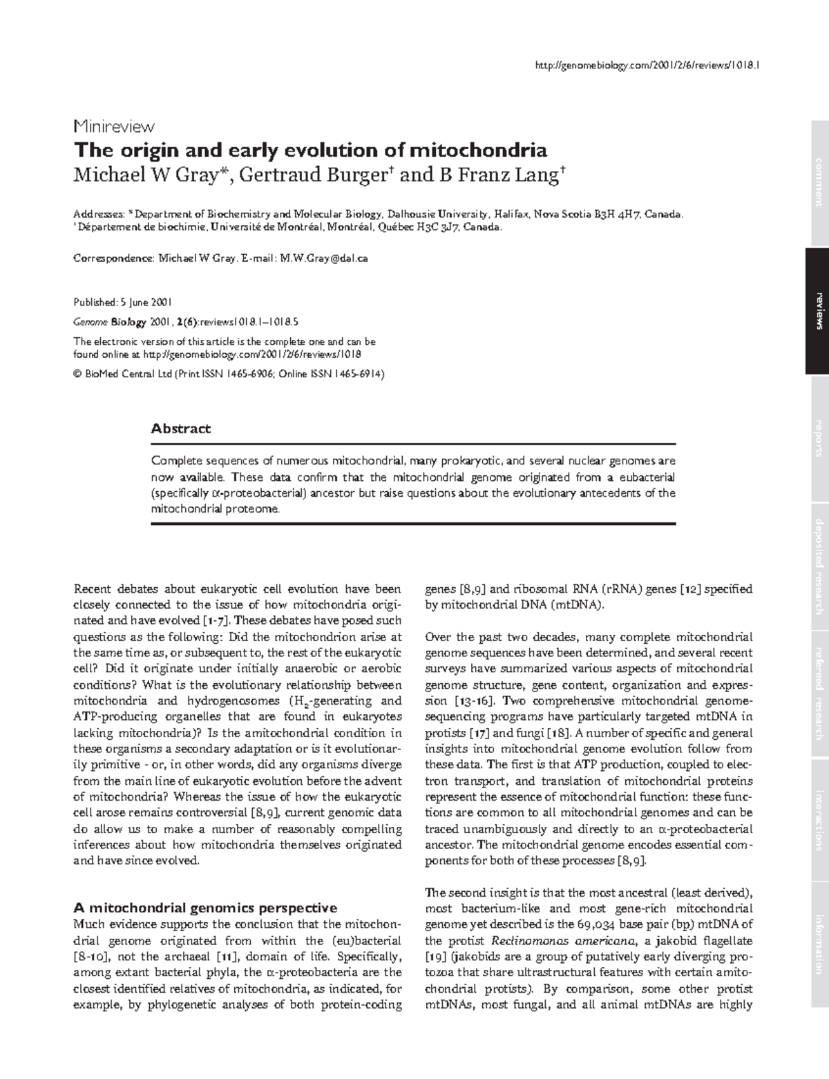 Gray et al 2001 Genome Biol - genomebiology/2001/2/6/reviews/1018 ...